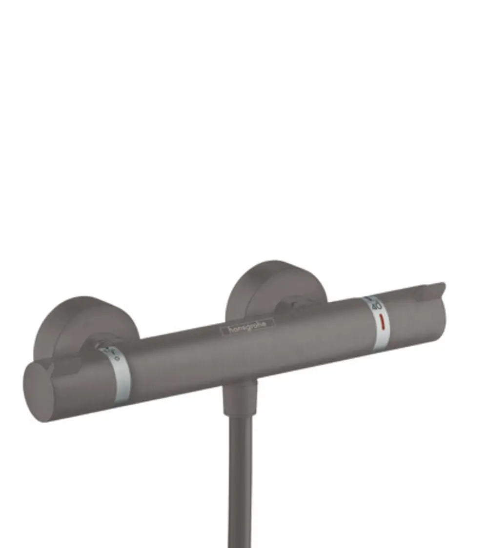 Brausethermostat in gebürstetem Schwarzchrom von Hansgrohe, mit zwei runden Bedienelementen und Temperaturanzeige. Montiert auf einer glatten Oberfläche.